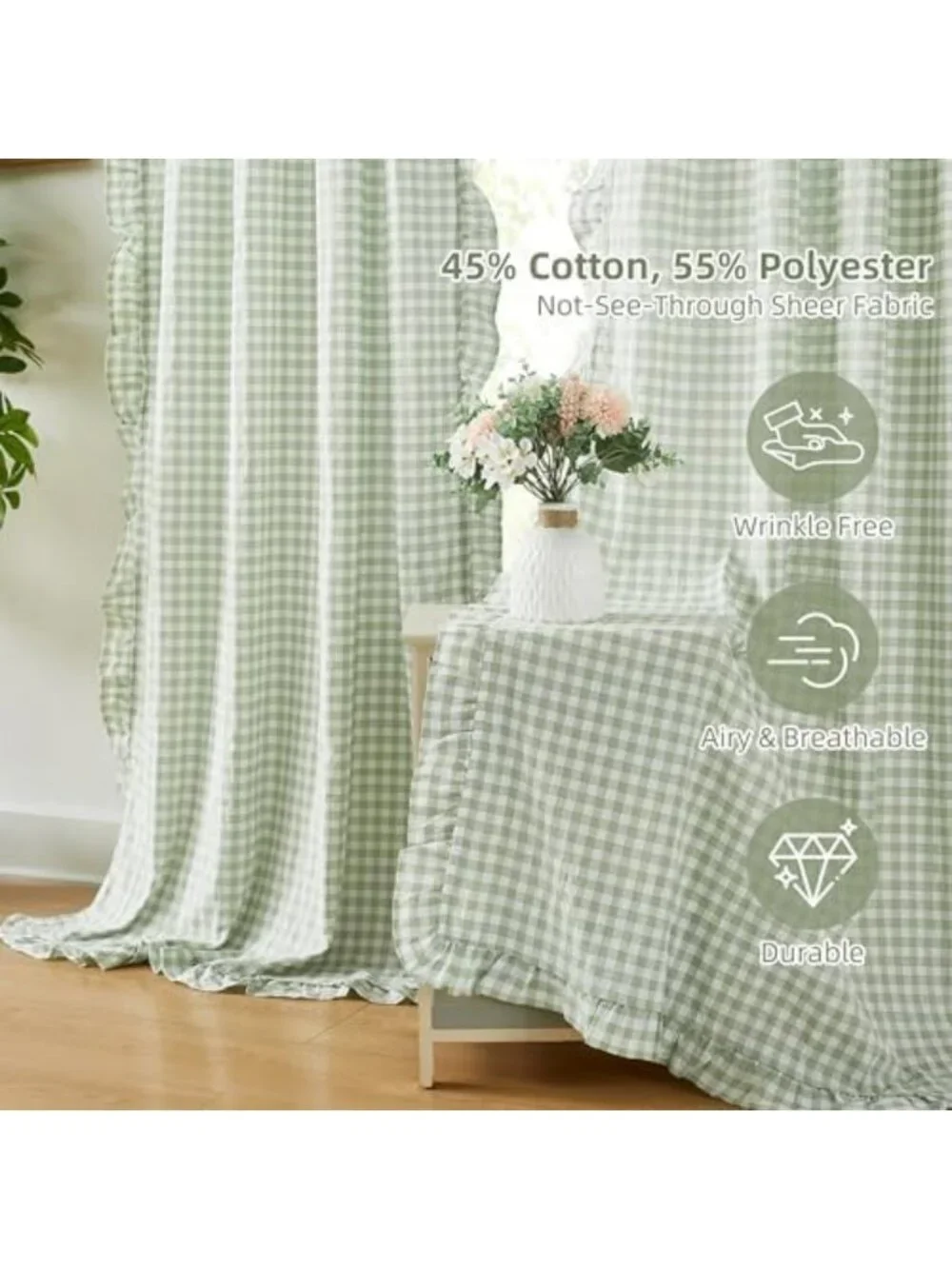 Sage Green Buffalo Plaid Ruffled Window Curtains - 84